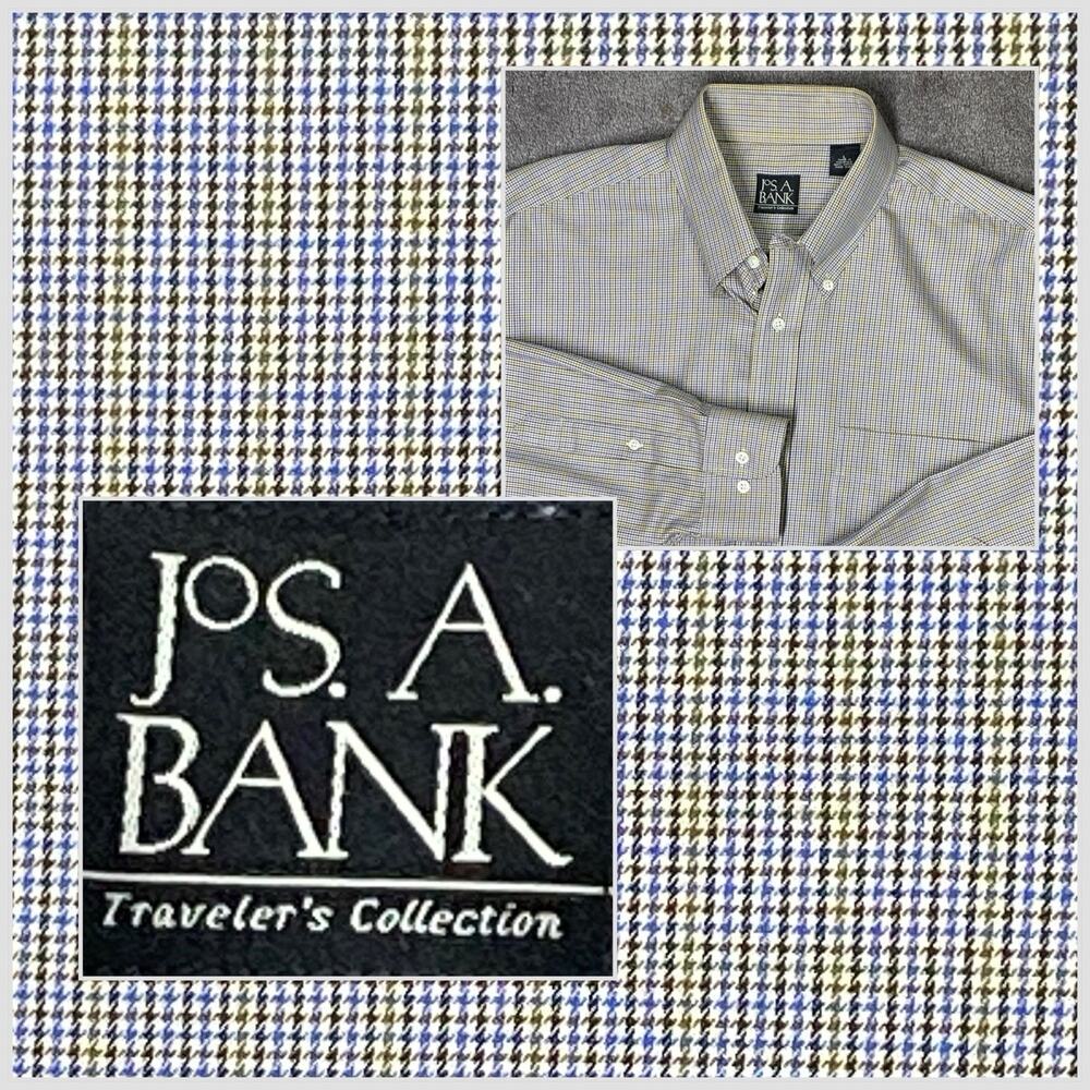 Jos. A. Banks Mens‎ Large Brown Blue Yellow Houndstooth Long Sleeve Cotton Shirt